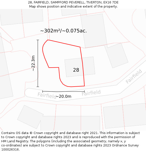 28, FAIRFIELD, SAMPFORD PEVERELL, TIVERTON, EX16 7DE: Plot and title map