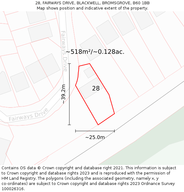 28, FAIRWAYS DRIVE, BLACKWELL, BROMSGROVE, B60 1BB: Plot and title map