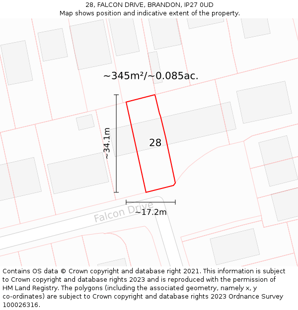 28, FALCON DRIVE, BRANDON, IP27 0UD: Plot and title map