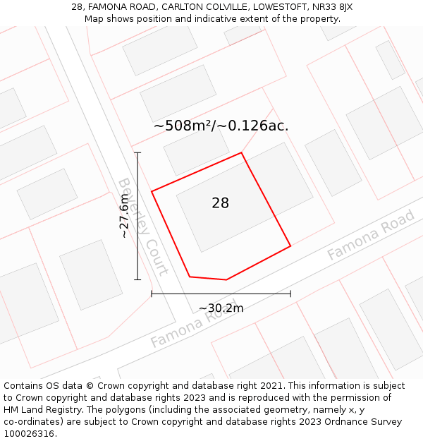 28, FAMONA ROAD, CARLTON COLVILLE, LOWESTOFT, NR33 8JX: Plot and title map