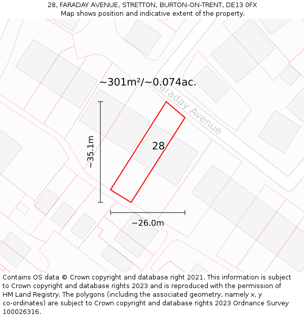 28, FARADAY AVENUE, STRETTON, BURTON-ON-TRENT, DE13 0FX: Plot and title map