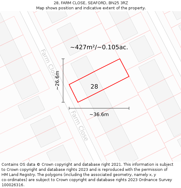 28, FARM CLOSE, SEAFORD, BN25 3RZ: Plot and title map