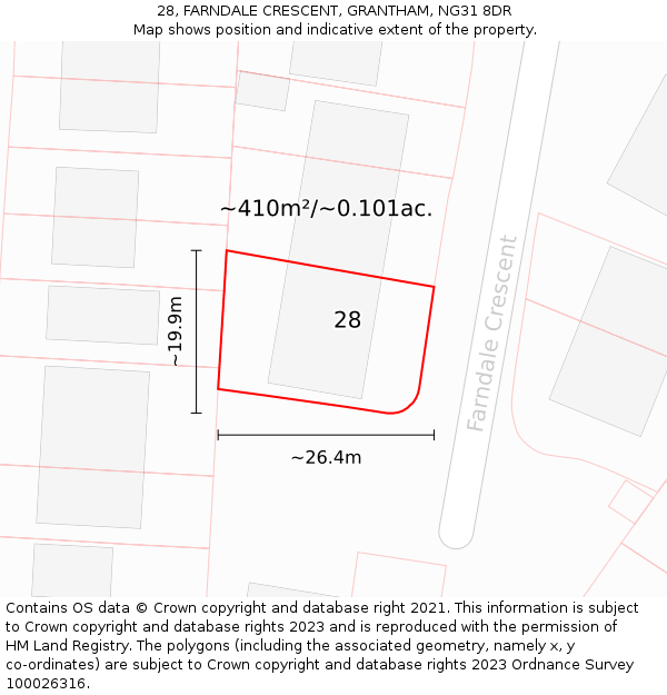 28, FARNDALE CRESCENT, GRANTHAM, NG31 8DR: Plot and title map