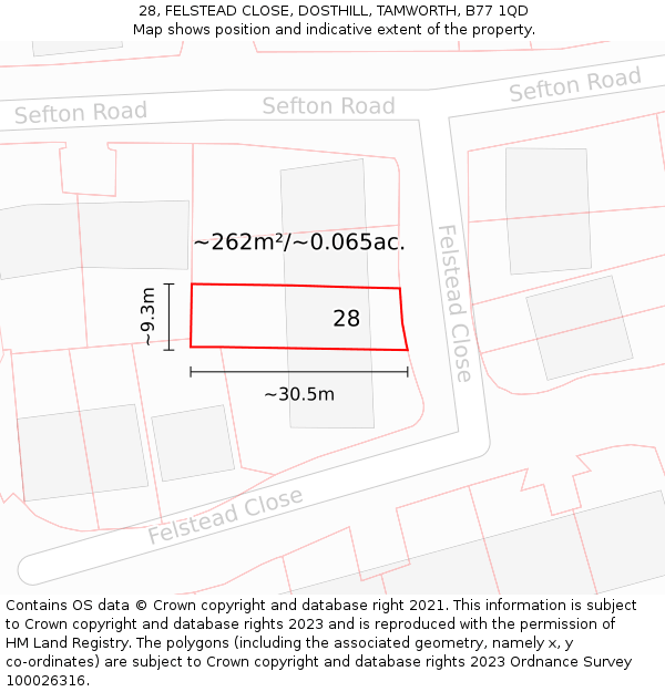 28, FELSTEAD CLOSE, DOSTHILL, TAMWORTH, B77 1QD: Plot and title map