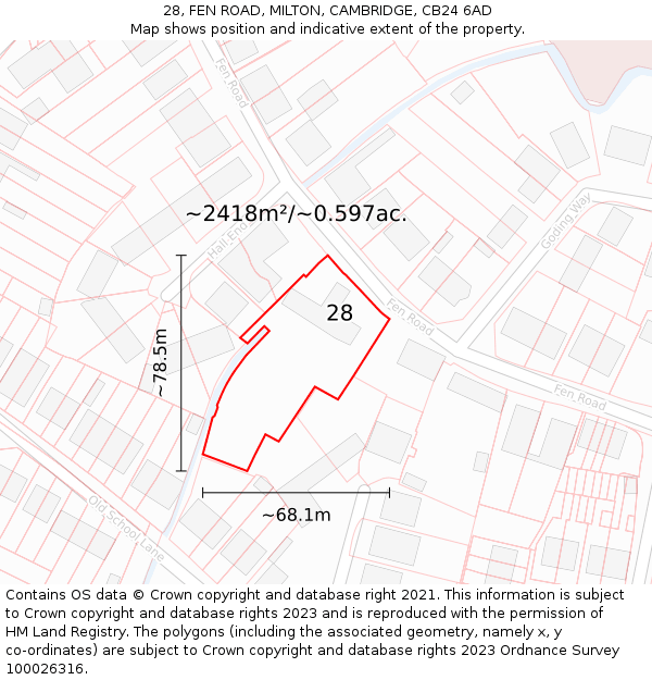 28, FEN ROAD, MILTON, CAMBRIDGE, CB24 6AD: Plot and title map