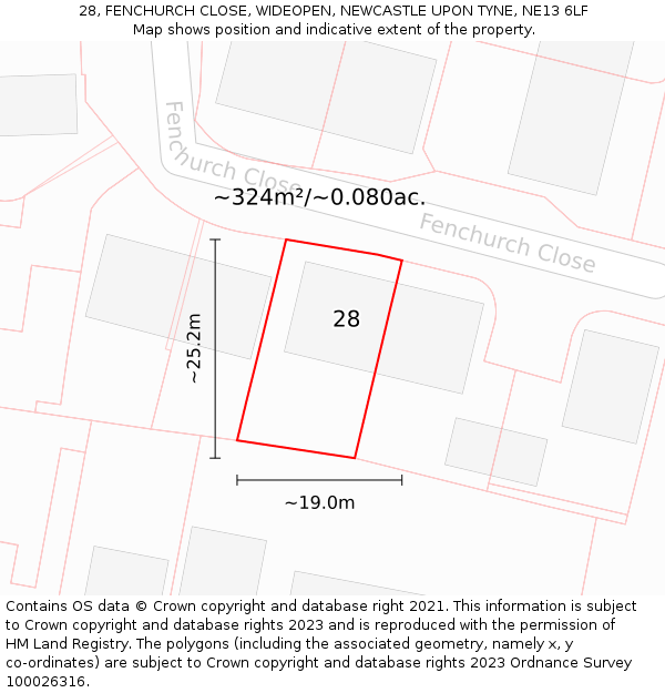 28, FENCHURCH CLOSE, WIDEOPEN, NEWCASTLE UPON TYNE, NE13 6LF: Plot and title map