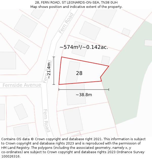 28, FERN ROAD, ST LEONARDS-ON-SEA, TN38 0UH: Plot and title map