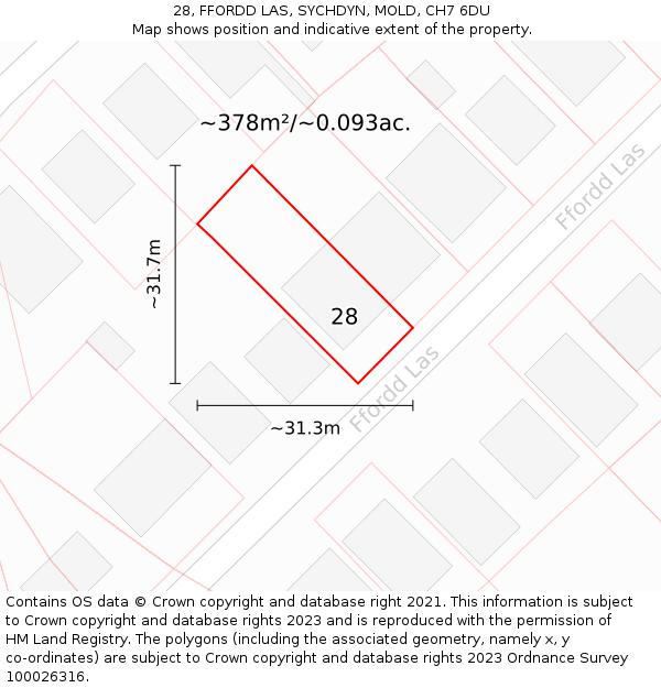 28, FFORDD LAS, SYCHDYN, MOLD, CH7 6DU: Plot and title map