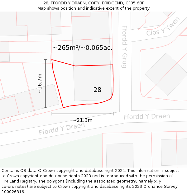 28, FFORDD Y DRAEN, COITY, BRIDGEND, CF35 6BF: Plot and title map