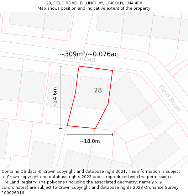 28, FIELD ROAD, BILLINGHAY, LINCOLN, LN4 4EA: Plot and title map
