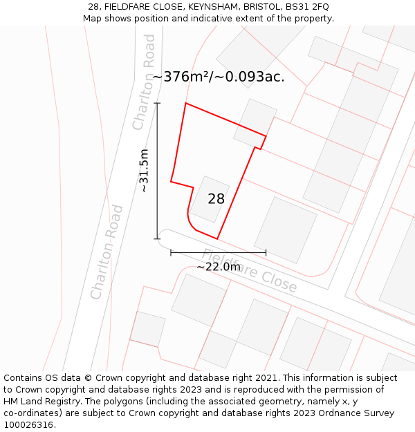 28, FIELDFARE CLOSE, KEYNSHAM, BRISTOL, BS31 2FQ: Plot and title map