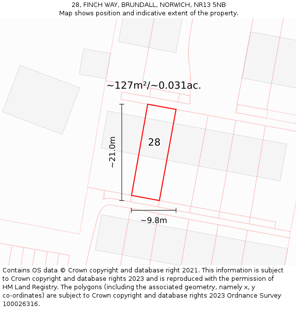 28, FINCH WAY, BRUNDALL, NORWICH, NR13 5NB: Plot and title map