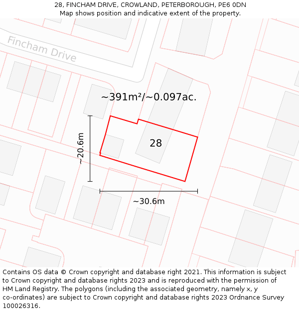 28, FINCHAM DRIVE, CROWLAND, PETERBOROUGH, PE6 0DN: Plot and title map