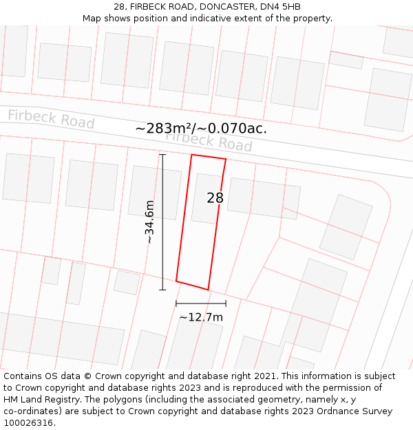28, FIRBECK ROAD, DONCASTER, DN4 5HB: Plot and title map