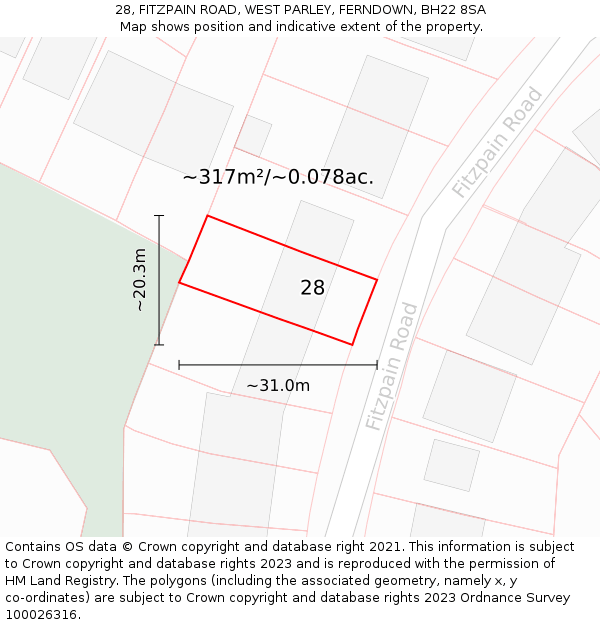 28, FITZPAIN ROAD, WEST PARLEY, FERNDOWN, BH22 8SA: Plot and title map