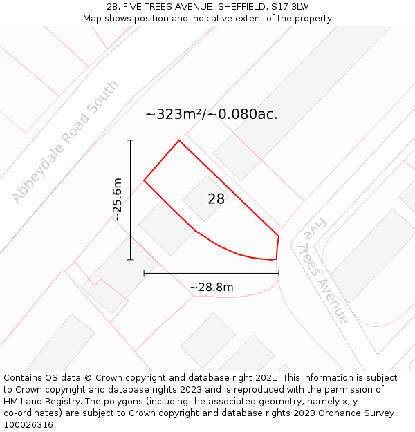 28, FIVE TREES AVENUE, SHEFFIELD, S17 3LW: Plot and title map