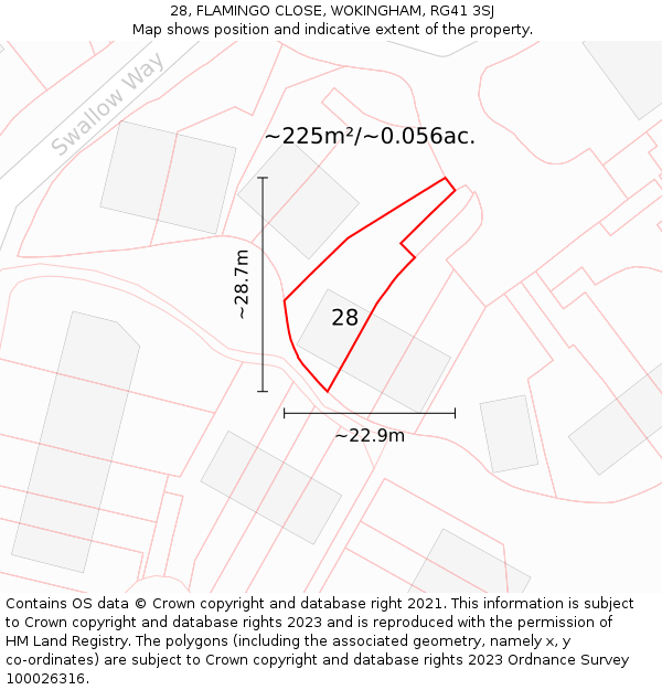 28, FLAMINGO CLOSE, WOKINGHAM, RG41 3SJ: Plot and title map