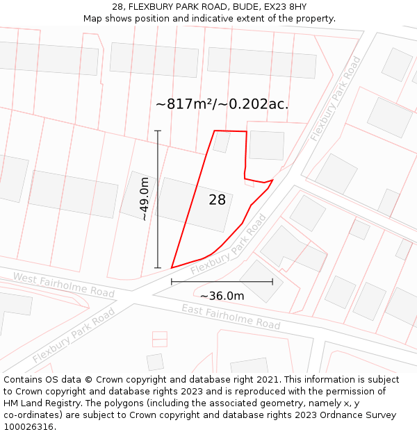 28, FLEXBURY PARK ROAD, BUDE, EX23 8HY: Plot and title map