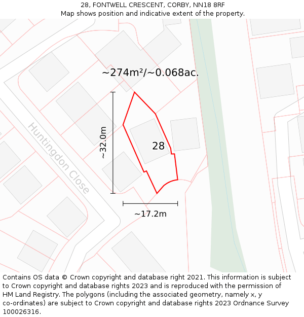 28, FONTWELL CRESCENT, CORBY, NN18 8RF: Plot and title map
