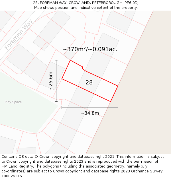 28, FOREMAN WAY, CROWLAND, PETERBOROUGH, PE6 0DJ: Plot and title map