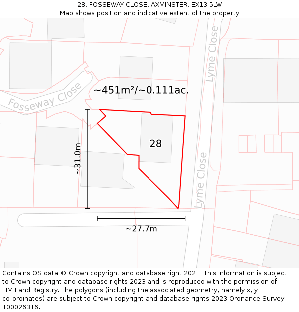 28, FOSSEWAY CLOSE, AXMINSTER, EX13 5LW: Plot and title map