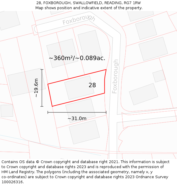 28, FOXBOROUGH, SWALLOWFIELD, READING, RG7 1RW: Plot and title map