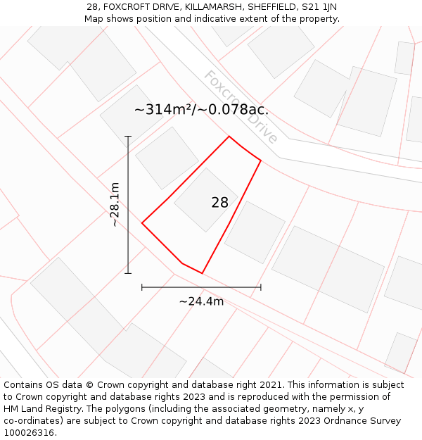 28, FOXCROFT DRIVE, KILLAMARSH, SHEFFIELD, S21 1JN: Plot and title map