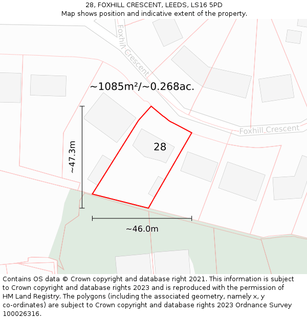 28, FOXHILL CRESCENT, LEEDS, LS16 5PD: Plot and title map