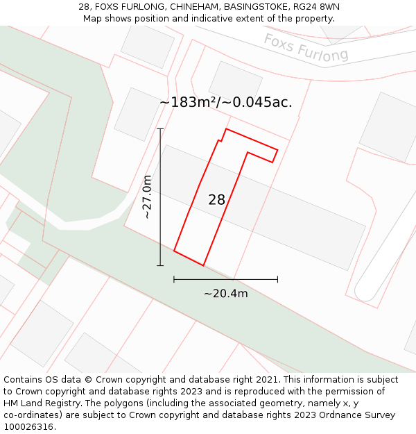 28, FOXS FURLONG, CHINEHAM, BASINGSTOKE, RG24 8WN: Plot and title map