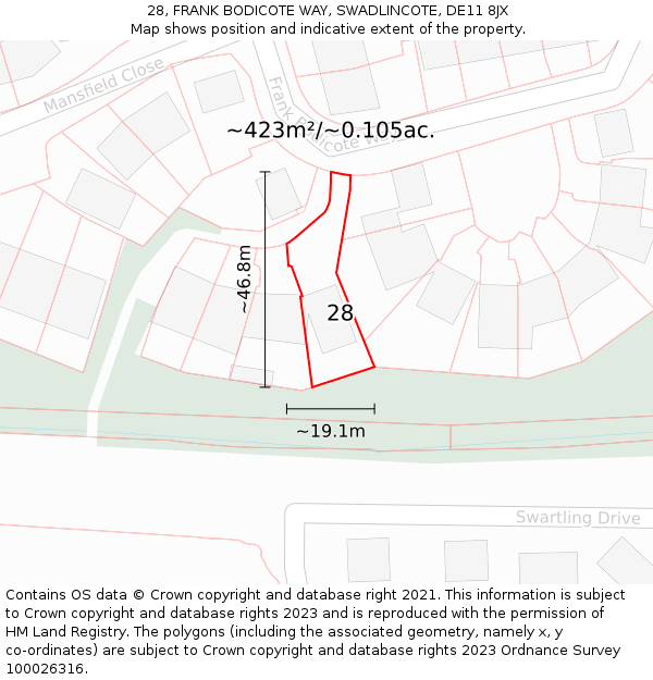 28, FRANK BODICOTE WAY, SWADLINCOTE, DE11 8JX: Plot and title map