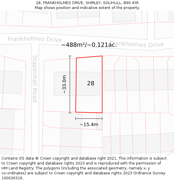 28, FRANKHOLMES DRIVE, SHIRLEY, SOLIHULL, B90 4YA: Plot and title map