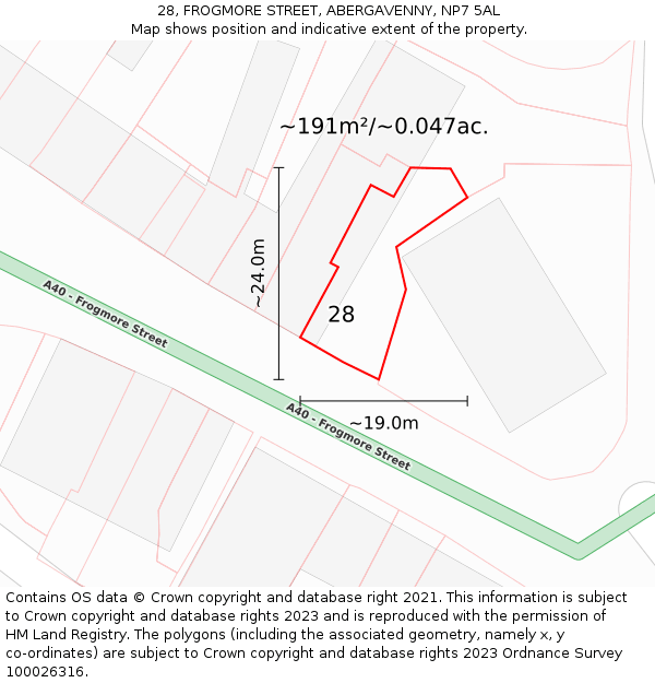 28, FROGMORE STREET, ABERGAVENNY, NP7 5AL: Plot and title map