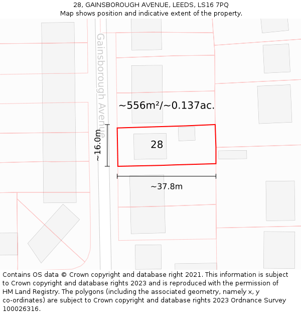 28, GAINSBOROUGH AVENUE, LEEDS, LS16 7PQ: Plot and title map
