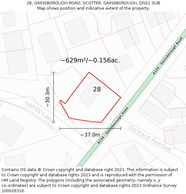 28, GAINSBOROUGH ROAD, SCOTTER, GAINSBOROUGH, DN21 3UB: Plot and title map