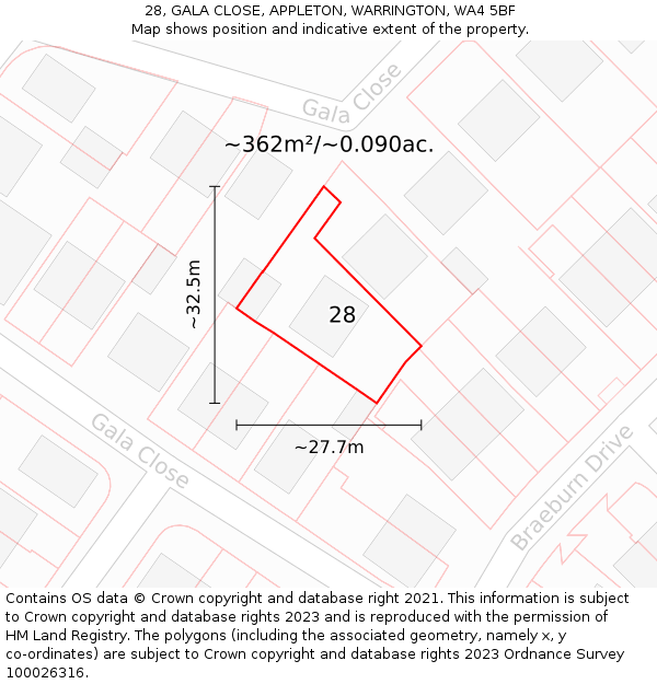 28, GALA CLOSE, APPLETON, WARRINGTON, WA4 5BF: Plot and title map