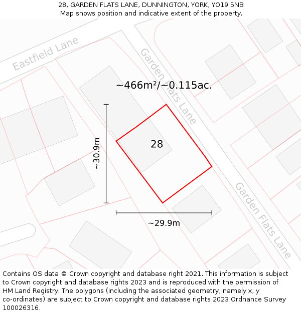 28, GARDEN FLATS LANE, DUNNINGTON, YORK, YO19 5NB: Plot and title map