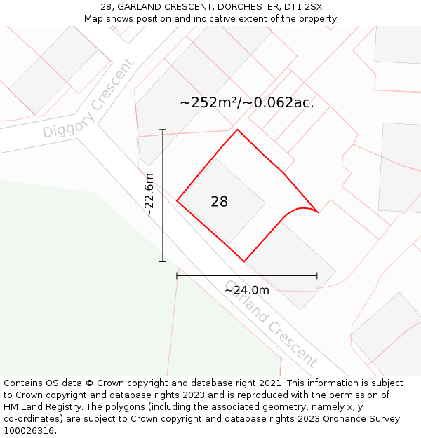 28, GARLAND CRESCENT, DORCHESTER, DT1 2SX: Plot and title map