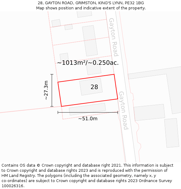 28, GAYTON ROAD, GRIMSTON, KING'S LYNN, PE32 1BG: Plot and title map