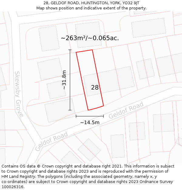 28, GELDOF ROAD, HUNTINGTON, YORK, YO32 9JT: Plot and title map