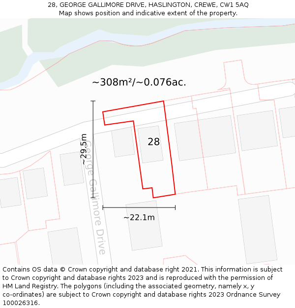 28, GEORGE GALLIMORE DRIVE, HASLINGTON, CREWE, CW1 5AQ: Plot and title map