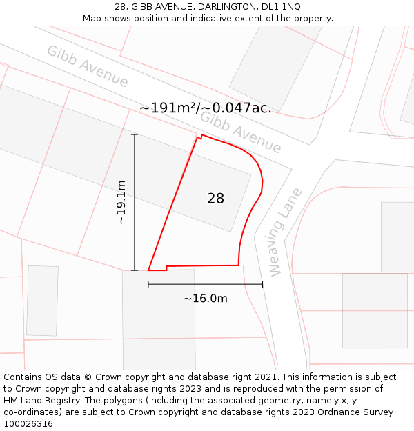 28, GIBB AVENUE, DARLINGTON, DL1 1NQ: Plot and title map