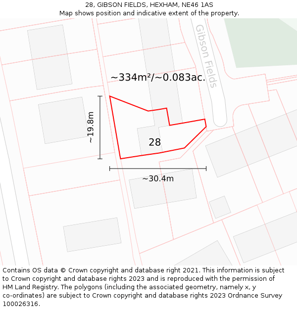28, GIBSON FIELDS, HEXHAM, NE46 1AS: Plot and title map