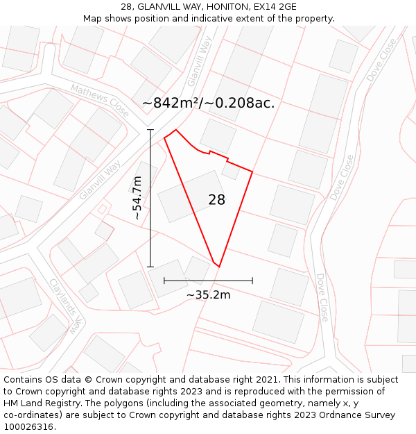 28, GLANVILL WAY, HONITON, EX14 2GE: Plot and title map