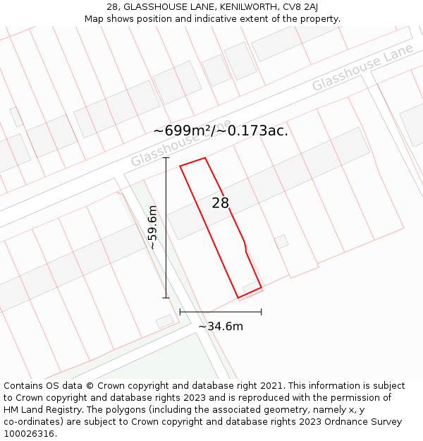 28, GLASSHOUSE LANE, KENILWORTH, CV8 2AJ: Plot and title map