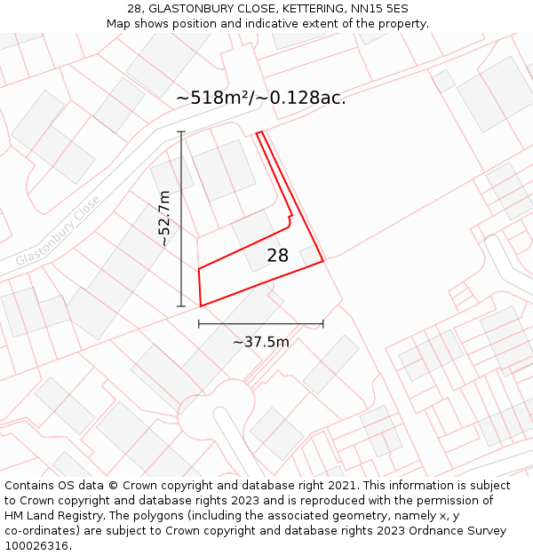 28, GLASTONBURY CLOSE, KETTERING, NN15 5ES: Plot and title map