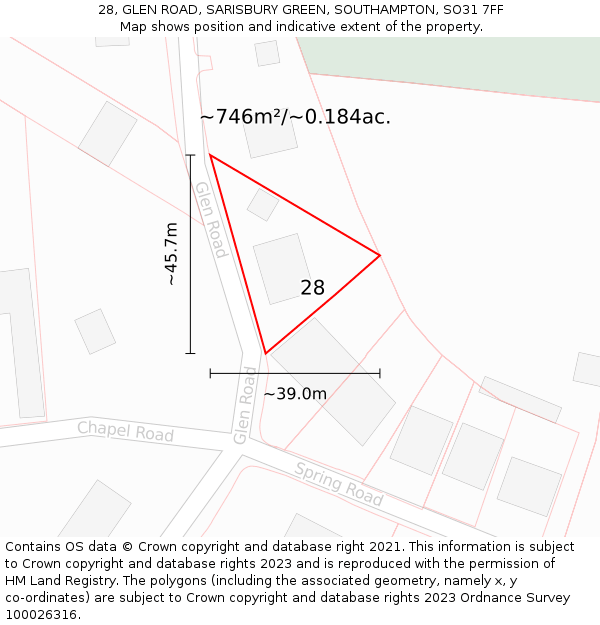 28, GLEN ROAD, SARISBURY GREEN, SOUTHAMPTON, SO31 7FF: Plot and title map