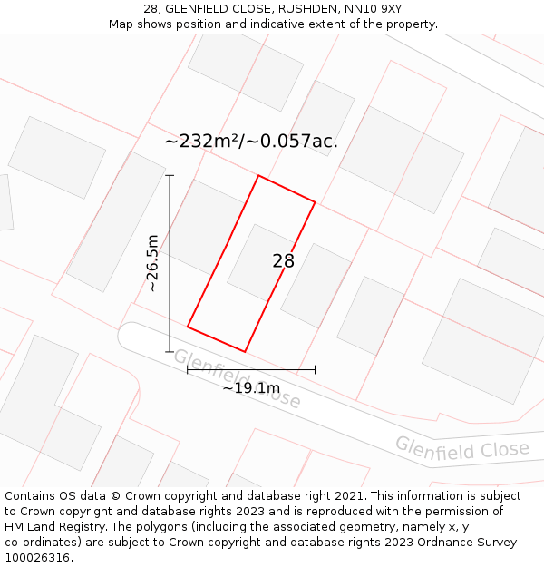 28, GLENFIELD CLOSE, RUSHDEN, NN10 9XY: Plot and title map