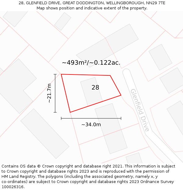 28, GLENFIELD DRIVE, GREAT DODDINGTON, WELLINGBOROUGH, NN29 7TE: Plot and title map
