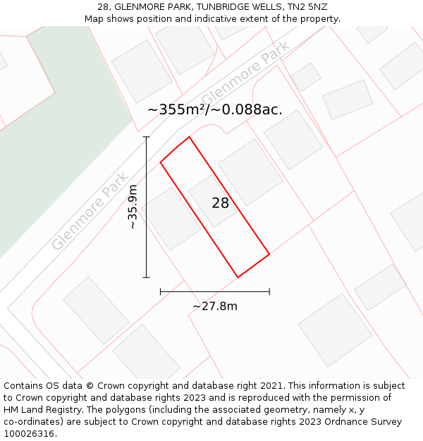 28, GLENMORE PARK, TUNBRIDGE WELLS, TN2 5NZ: Plot and title map