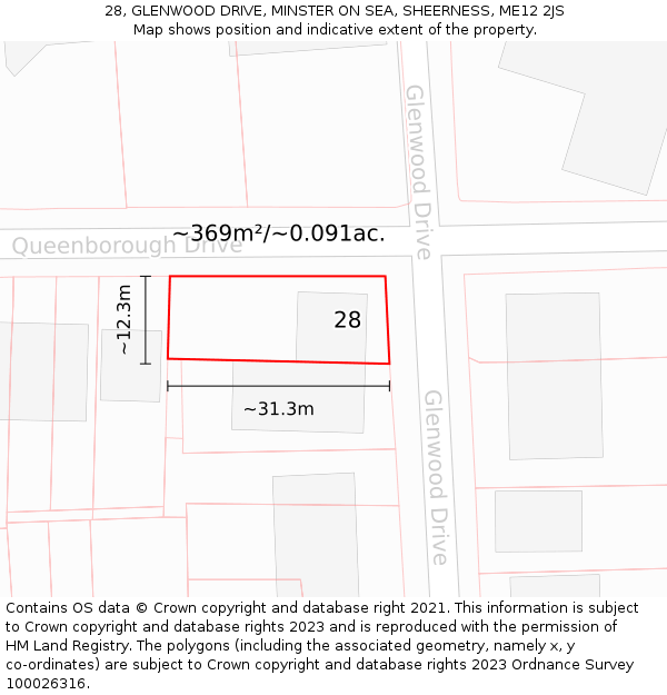 28, GLENWOOD DRIVE, MINSTER ON SEA, SHEERNESS, ME12 2JS: Plot and title map